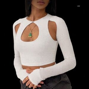Remidoo Women's Sexy Cut Out Long Sleeve Crop Tops Fitted Solid T Shirt